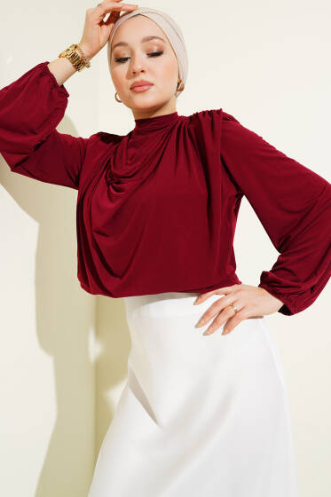Omuz Vatkalı Degaje Yaka Sandy Bluz Bordo - Yılın Fırsatı 