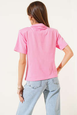Omuz Vatkalı Fermuarlı T-shirt Pembe - Kadın Giyim Modelleri
