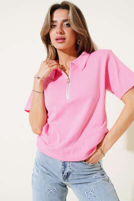 Omuz Vatkalı Fermuarlı T-shirt Pembe - Kadın Giyim Modelleri