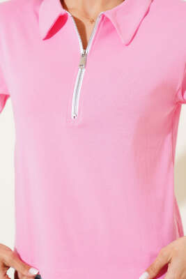 Omuz Vatkalı Fermuarlı T-shirt Pembe - Kadın Giyim Modelleri