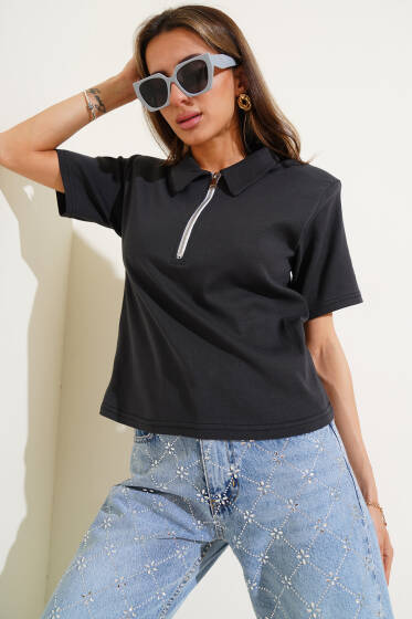 Omuz Vatkalı Fermuarlı T-shirt Siyah - Kadın Giyim Modelleri