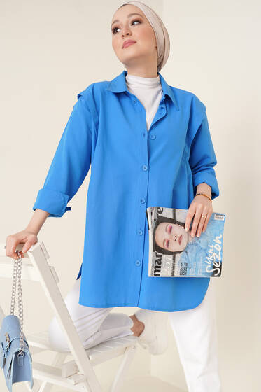 Omuz Vatkalı Gömlek Mavi - Gömlek