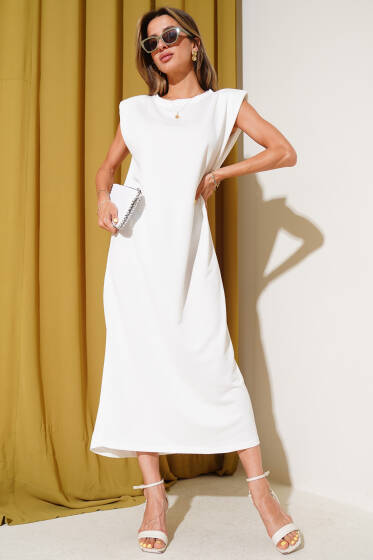 Omuz Vatkalı Kolsuz Midi Elbise Beyaz - Kadın Giyim Modelleri
