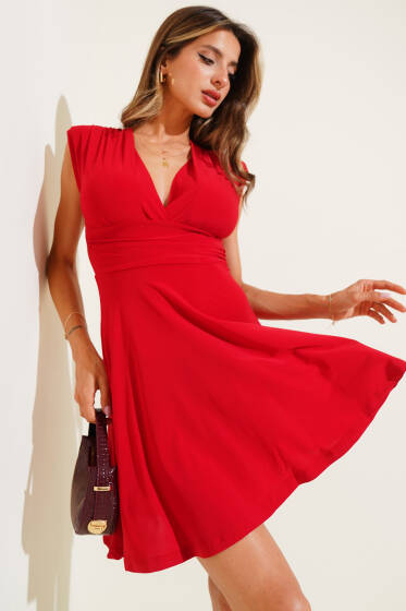 Omuz Vatkalı Mini Elbise Kırmızı - Kadın Giyim Modelleri