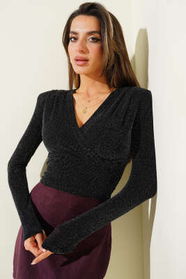 Omuz Vatkalı Simli Bluz Siyah - MODA MERSİ