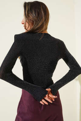 Omuz Vatkalı Simli Bluz Siyah - Kadın Giyim Modelleri