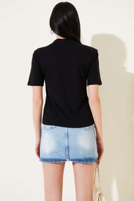 Omuz Vatkalı Yarım Fermuarlı T-shirt Siyah - Kadın Giyim Modelleri