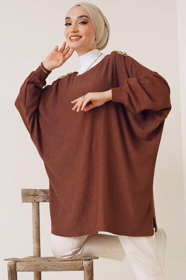 Omuz Zincir Detaylı Yarasa Kol Tunik Kahve - Tunik
