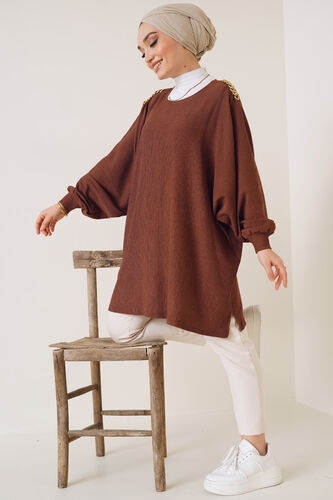 Omuz Zincir Detaylı Yarasa Kol Tunik Kahve - Tunik