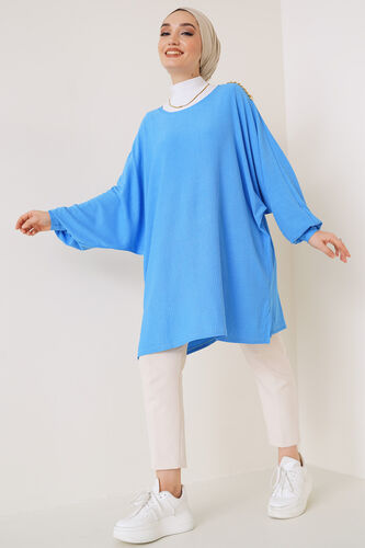 Omuz Zincir Detaylı Yarasa Kol Tunik Mavi - Tunik