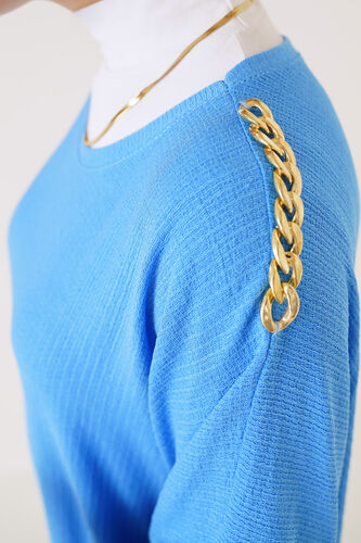 Omuz Zincir Detaylı Yarasa Kol Tunik Mavi - Tunik