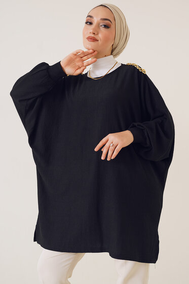 Omuz Zincir Detaylı Yarasa Kol Tunik Siyah - Tunik