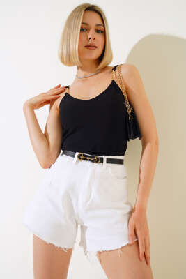 Omuz Zincirli Kaşkorse Crop Siyah - Yılın Fırsatı