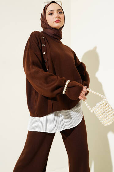 Omuzdan Düğme Detaylı Triko Takım Kahve - İkili Takım