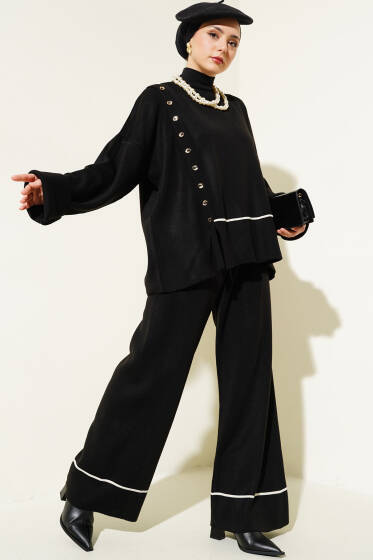 Omuzdan Düğme Detaylı Triko Takım Siyah - İkili Takım