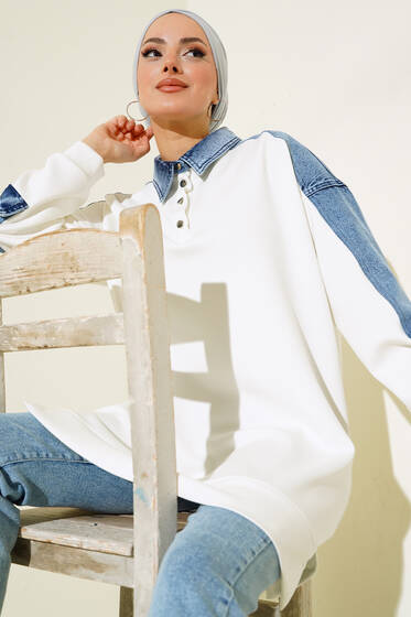 Omuzdan Kot Detaylı Klasik Yaka Tunik Ekru - Tunik