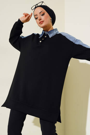 Omuzdan Kot Detaylı Klasik Yaka Tunik Siyah - Tunik