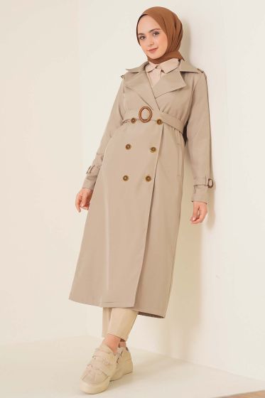 Omuzları Apoletli Trençkot Bej - Trençkot