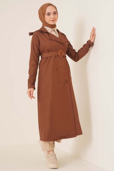Omuzları Apoletli Trençkot Kahve - Trençkot