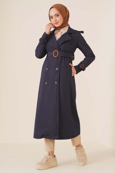 Omuzları Apoletli Trençkot Lacivert - Trençkot