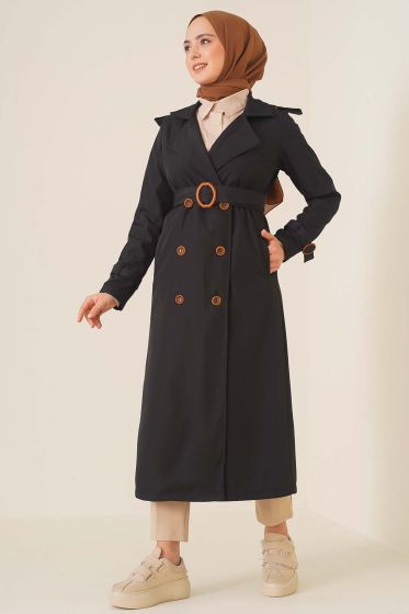 Omuzları Apoletli Trençkot Siyah - Trençkot