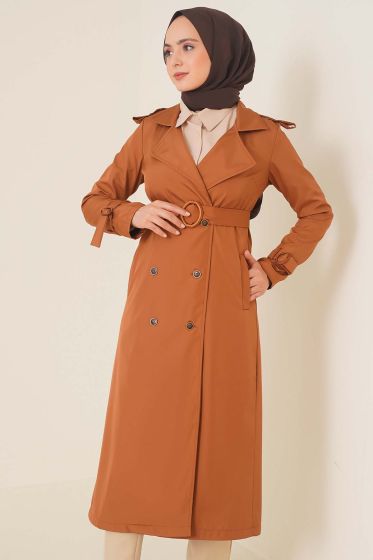 Omuzları Apoletli Trençkot Taba - Trençkot