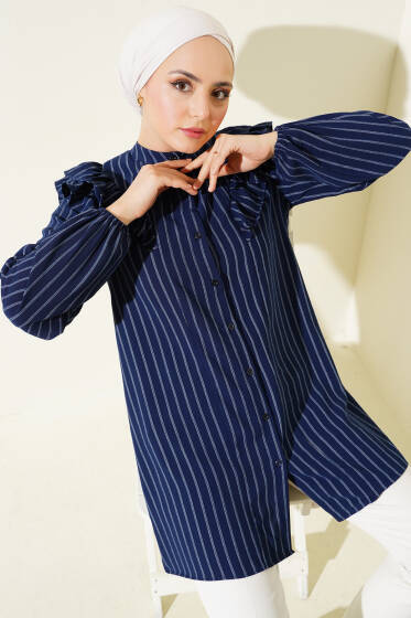 Omuzları Fırfırlı Çizgili Tunik Lacivert - Tunik