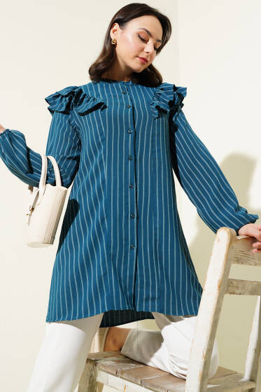 Omuzları Fırfırlı Çizgili Tunik Zümrüt - Tunik