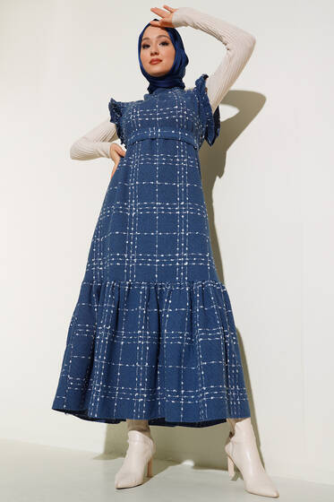 Omuzları Fırfırlı Jile Elbise İndigo - Tesettür Elbise