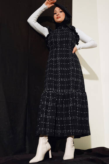 Omuzları Fırfırlı Jile Elbise Siyah - Tesettür Elbise