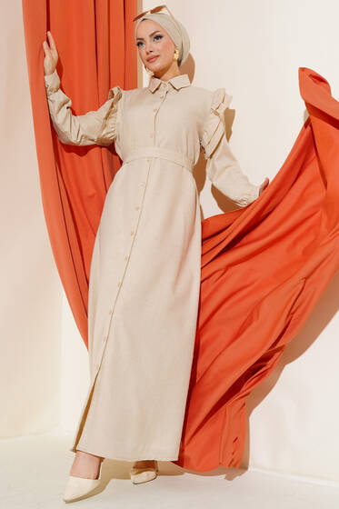 Omuzları Fırfırlı Keten Elbise Bej - Elbise