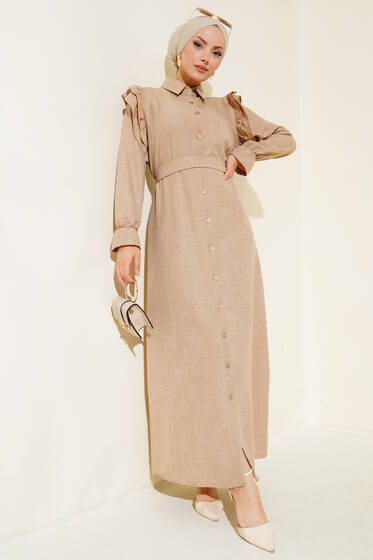 Omuzları Fırfırlı Keten Elbise Bisküvi - Elbise