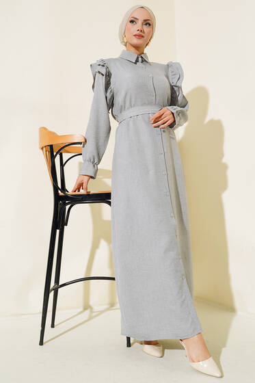 Omuzları Fırfırlı Keten Elbise Gri - Elbise