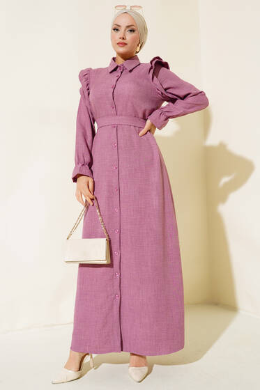 Omuzları Fırfırlı Keten Elbise Gül Kurusu - Elbise