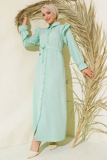 Omuzları Fırfırlı Keten Elbise Mint - Elbise