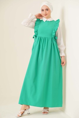 Omuzları Fırfırlı Yeşil Jile Elbise - Thumbnail
