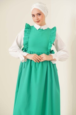 Omuzları Fırfırlı Yeşil Jile Elbise - Thumbnail