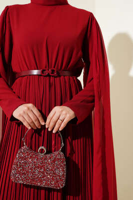 Omuzları Şifon Pelerinli Elbise Bordo - Tesettür Elbise