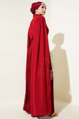 Omuzları Şifon Pelerinli Elbise Bordo - Tesettür Elbise