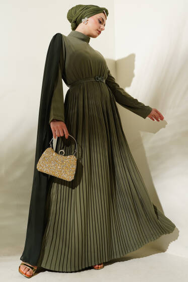 Omuzları Şifon Pelerinli Elbise Haki - Elbise