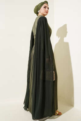 Omuzları Şifon Pelerinli Elbise Haki - Tesettür Elbise