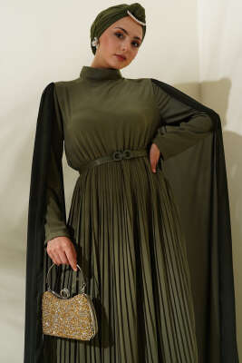 Omuzları Şifon Pelerinli Elbise Haki - Tesettür Elbise