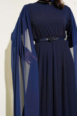 Omuzları Şifon Pelerinli Elbise Lacivert - Tesettür Elbise