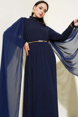 Omuzları Şifon Pelerinli Elbise Lacivert - Tesettür Elbise