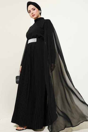 Omuzları Şifon Pelerinli Elbise Siyah - Elbise