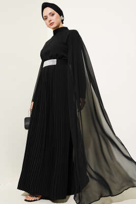 Omuzları Şifon Pelerinli Elbise Siyah 