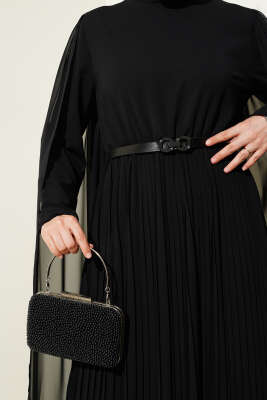 Omuzları Şifon Pelerinli Elbise Siyah - Tesettür Elbise