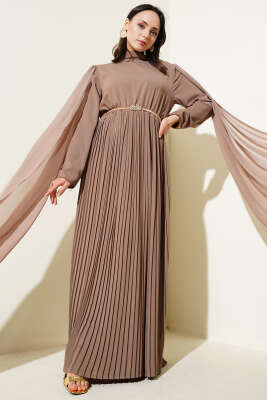 Omuzları Şifon Pelerinli Elbise Vizon - Tesettür Elbise