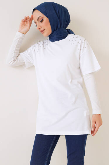 Omuzları Taşlı Tshirt Beyaz - Tesettür T-shirt