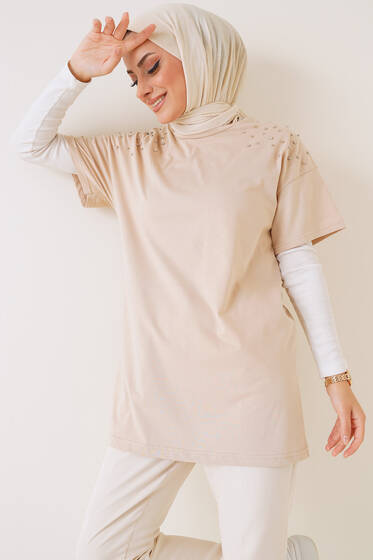 Omuzları Taşlı Tshirt Camel - Tesettür T-shirt